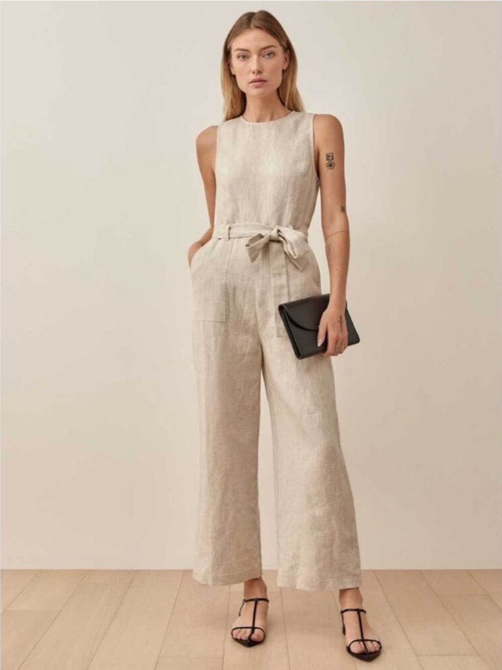 Reformation Naomi Sleeveless Linen Jumpsuit in Oatmeal Beige